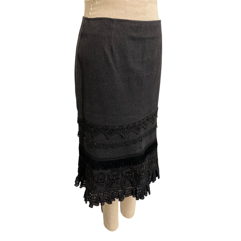 Nanette Lepore Black Lace & Fringe Trim Pencil Skirt Size 4 Cotton Spandex