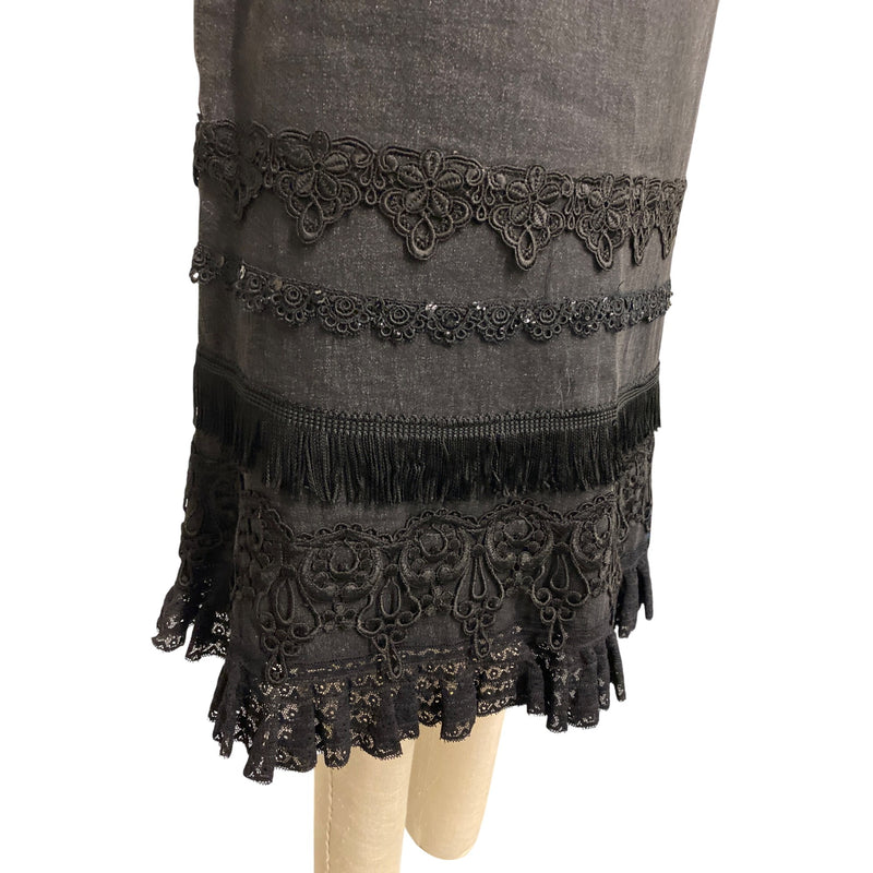 Nanette Lepore Black Lace & Fringe Trim Pencil Skirt Size 4 Cotton Spandex