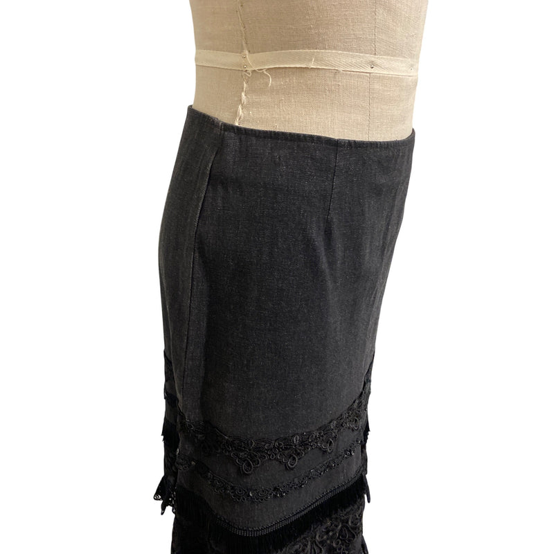 Nanette Lepore Black Lace & Fringe Trim Pencil Skirt Size 4 Cotton Spandex