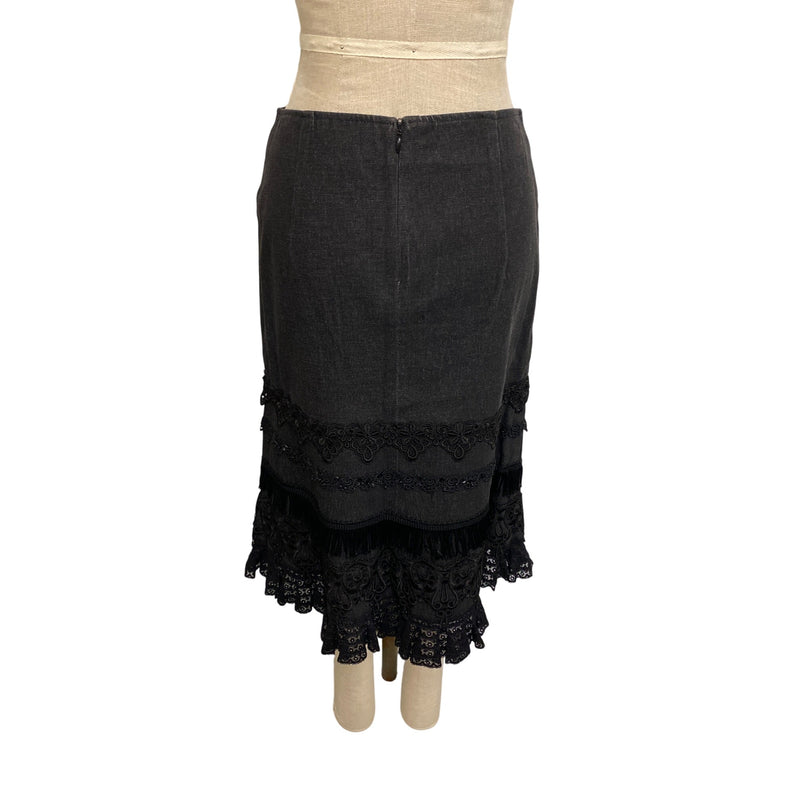 Nanette Lepore Black Lace & Fringe Trim Pencil Skirt Size 4 Cotton Spandex