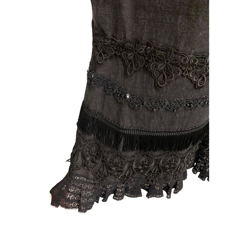 Nanette Lepore Black Lace & Fringe Trim Pencil Skirt Size 4 Cotton Spandex