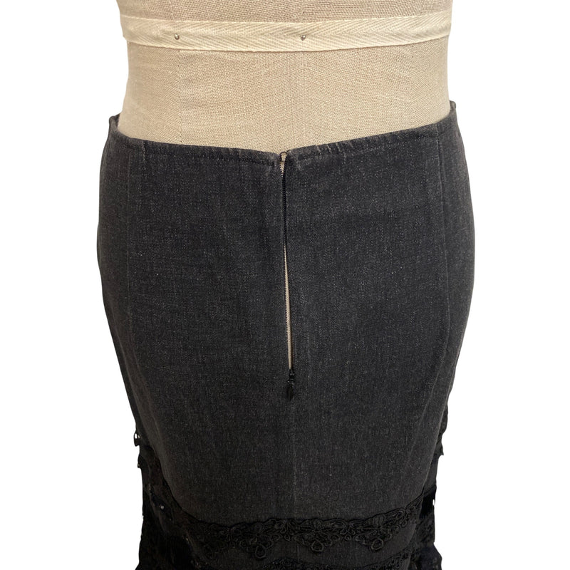 Nanette Lepore Black Lace & Fringe Trim Pencil Skirt Size 4 Cotton Spandex