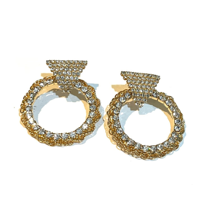 Vintage 80s Bold Statement Gold-Tone Crystal Hoop Earrings With Triangle Detail Statement Jewelry, Sustainable Fashion Education Fundraiser
