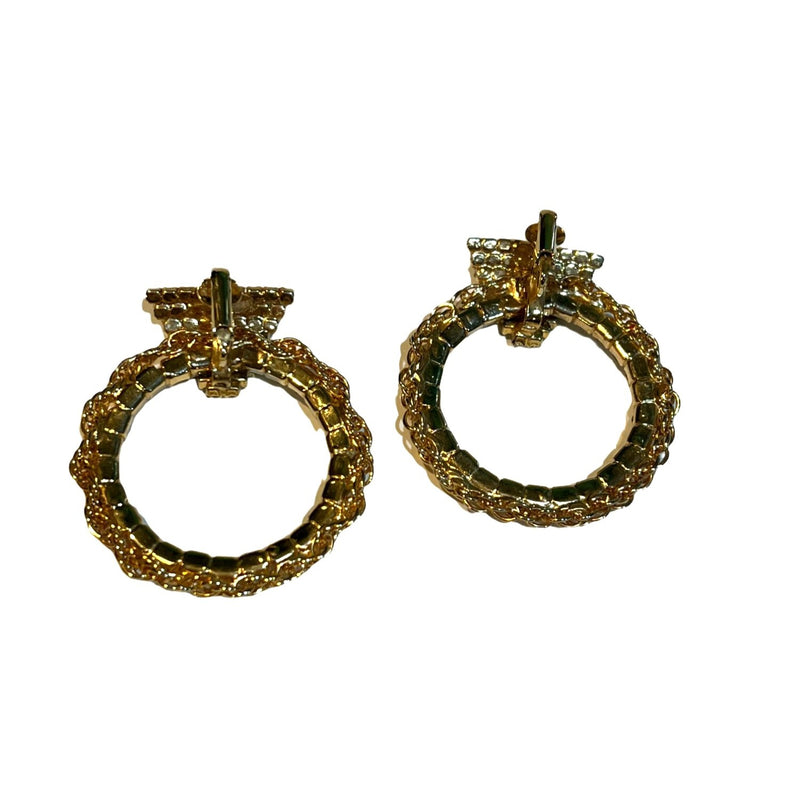 Vintage 80s Bold Statement Gold-Tone Crystal Hoop Earrings With Triangle Detail Statement Jewelry, Sustainable Fashion Education Fundraiser