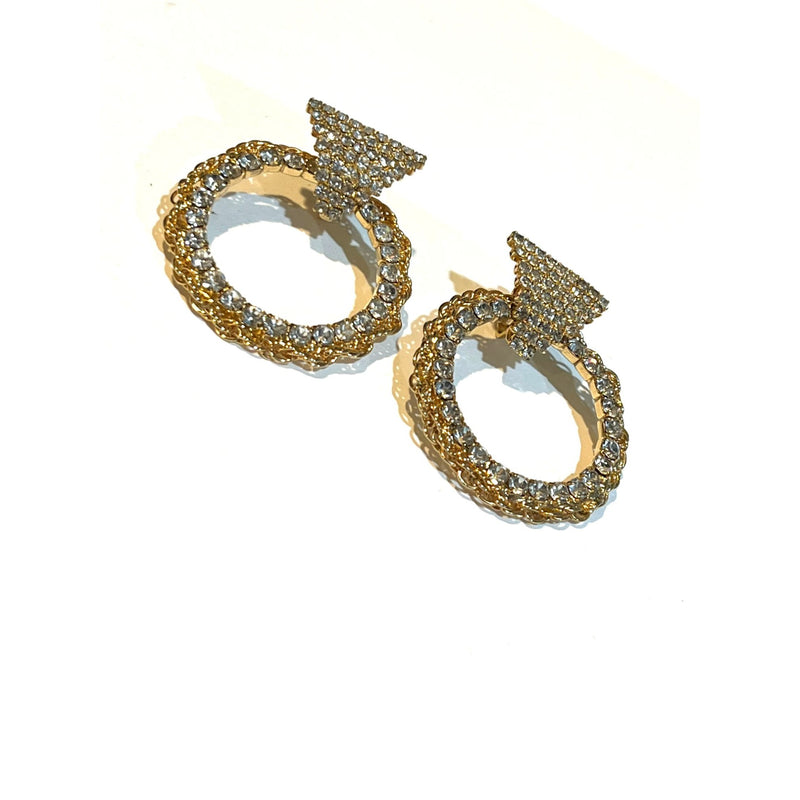 Vintage 80s Bold Statement Gold-Tone Crystal Hoop Earrings With Triangle Detail Statement Jewelry, Sustainable Fashion Education Fundraiser