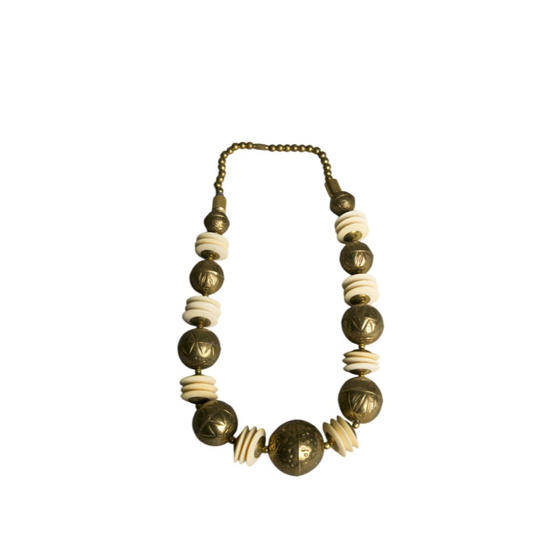 Vintage '70s MCM Brass & Faux Ivory Statement Necklace Intricate Etched Spheres 24" length Fundraiser Supports Sustainable Fashion Education