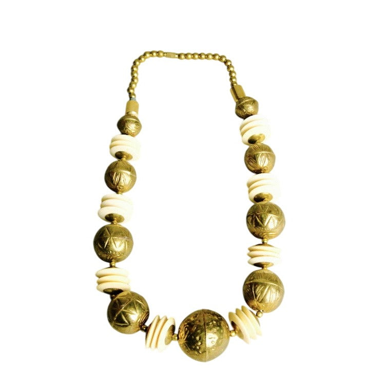 Vintage '70s MCM Brass & Faux Ivory Statement Necklace Intricate Etched Spheres 24" length Fundraiser Supports Sustainable Fashion Education