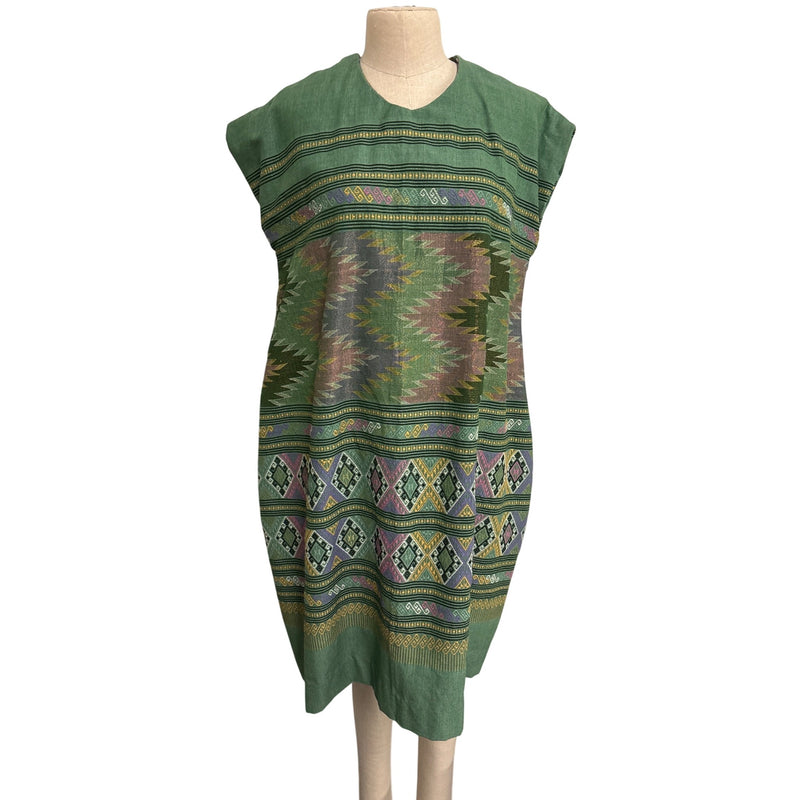Green Handmade Vintage Handwoven Ethnic Tunic Dress With Geometric Patterns & Sleeveless Design