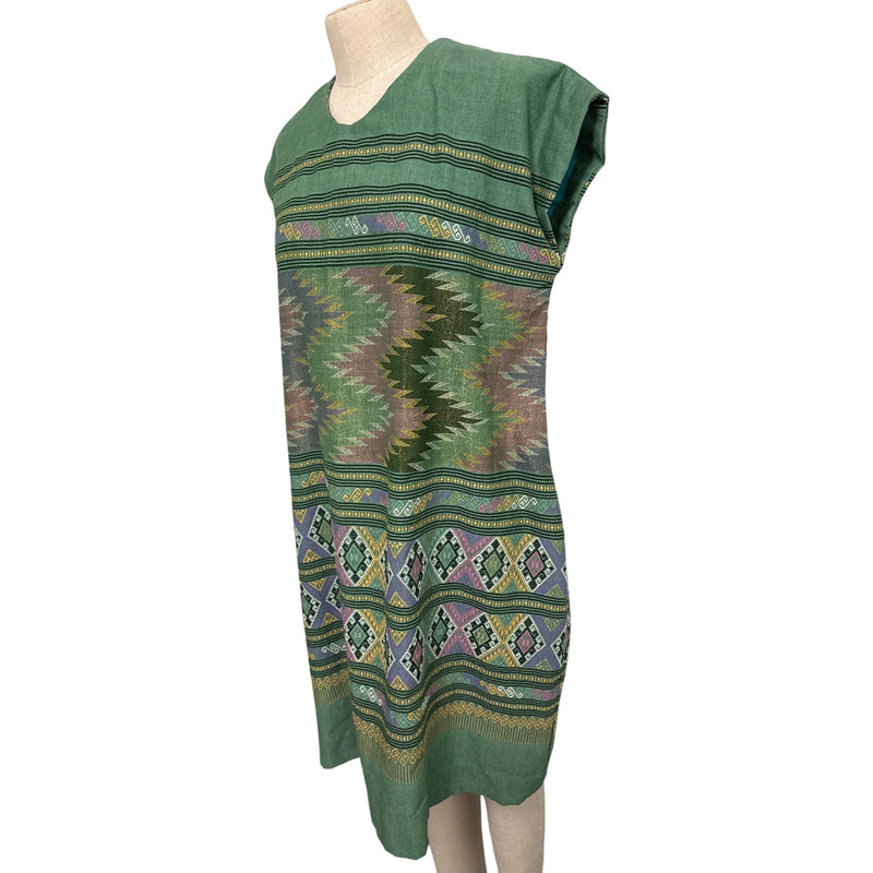 Green Handmade Vintage Handwoven Ethnic Tunic Dress With Geometric Patterns & Sleeveless Design