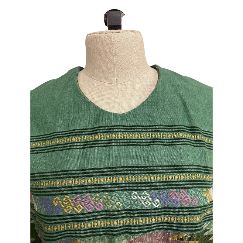 Green Handmade Vintage Handwoven Ethnic Tunic Dress With Geometric Patterns & Sleeveless Design