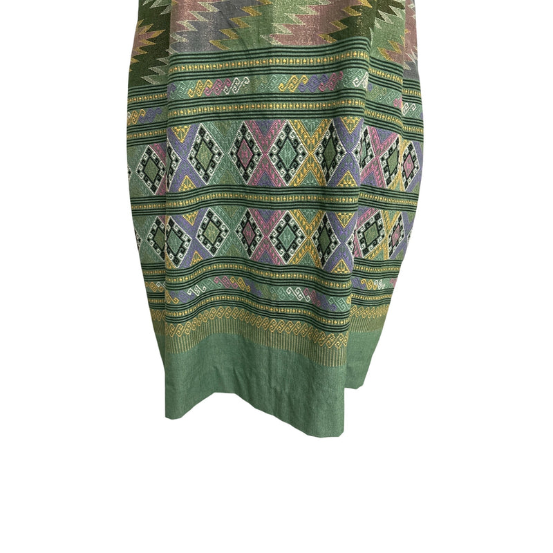 Green Handmade Vintage Handwoven Ethnic Tunic Dress With Geometric Patterns & Sleeveless Design