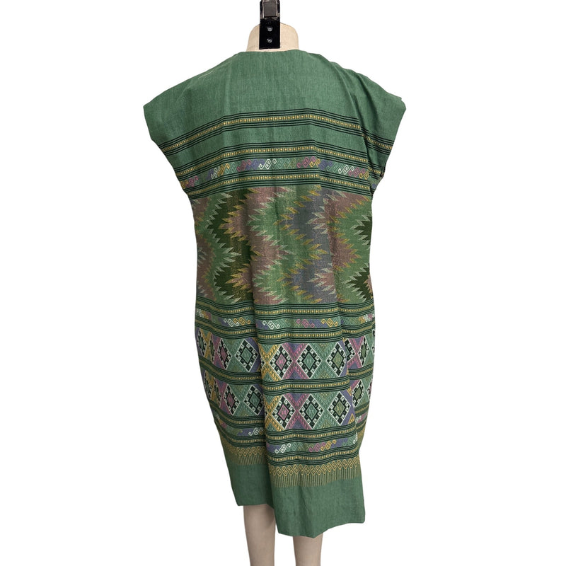 Green Handmade Vintage Handwoven Ethnic Tunic Dress With Geometric Patterns & Sleeveless Design