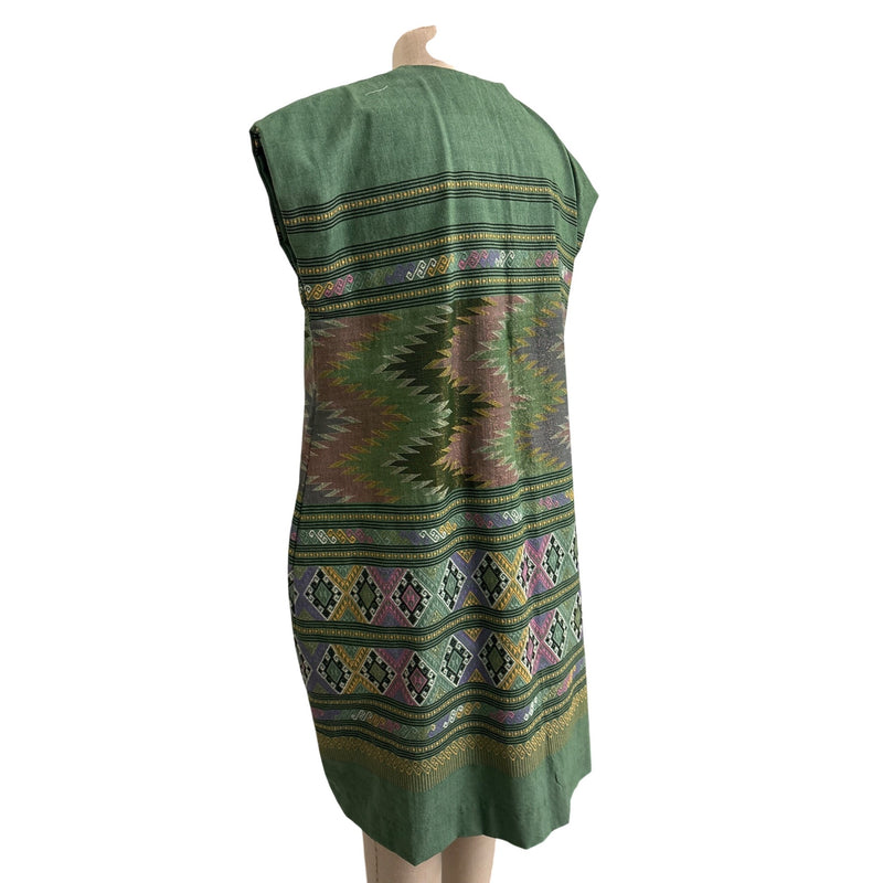 Green Handmade Vintage Handwoven Ethnic Tunic Dress With Geometric Patterns & Sleeveless Design