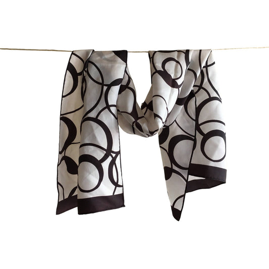 Vintage 1970s Japan-Made White Black Oblong Scarf With Abstract Circle Print