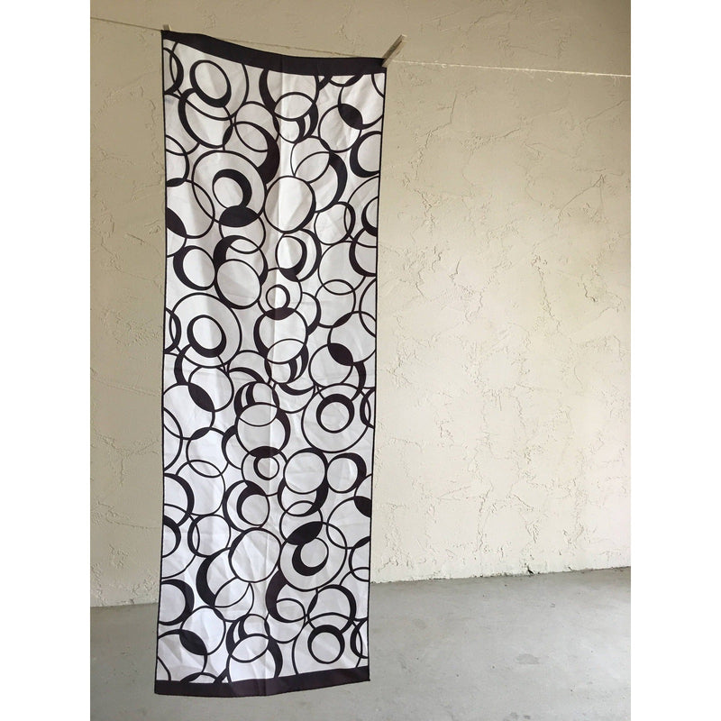 Vintage 1970s Japan-Made White Black Oblong Scarf With Abstract Circle Print