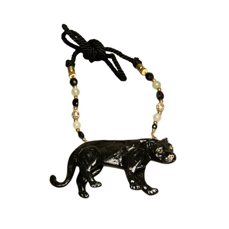 Vintage 1988 Dorian Designs Signed Black Panther Pendant Necklace Articulated Hand-Painted Figural Fundraiser Supports Sustainable Fashion