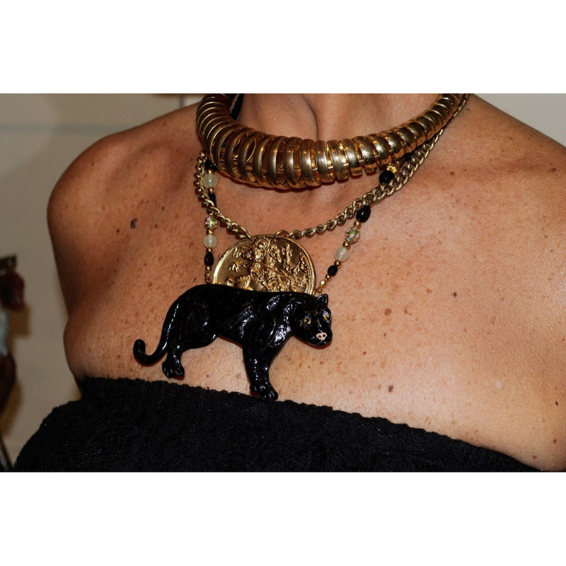 Vintage 1988 Dorian Designs Signed Black Panther Pendant Necklace Articulated Hand-Painted Figural Fundraiser Supports Sustainable Fashion
