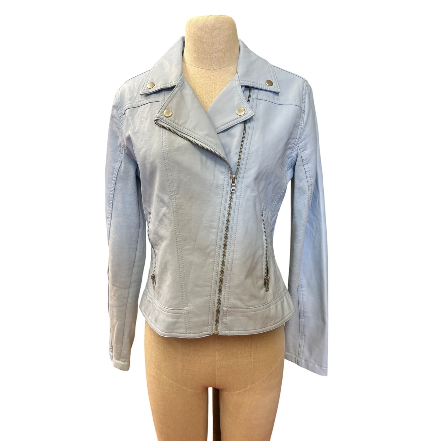Justice Light Blue Faux Leather Moto Jacket Girls 18/20 With Silver Accents & Zipper Details