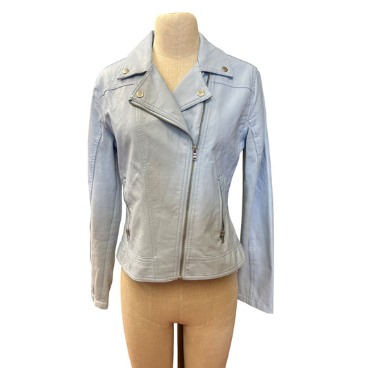 Justice Light Blue Faux Leather Moto Jacket Girls 18/20 With Silver Accents & Zipper Details
