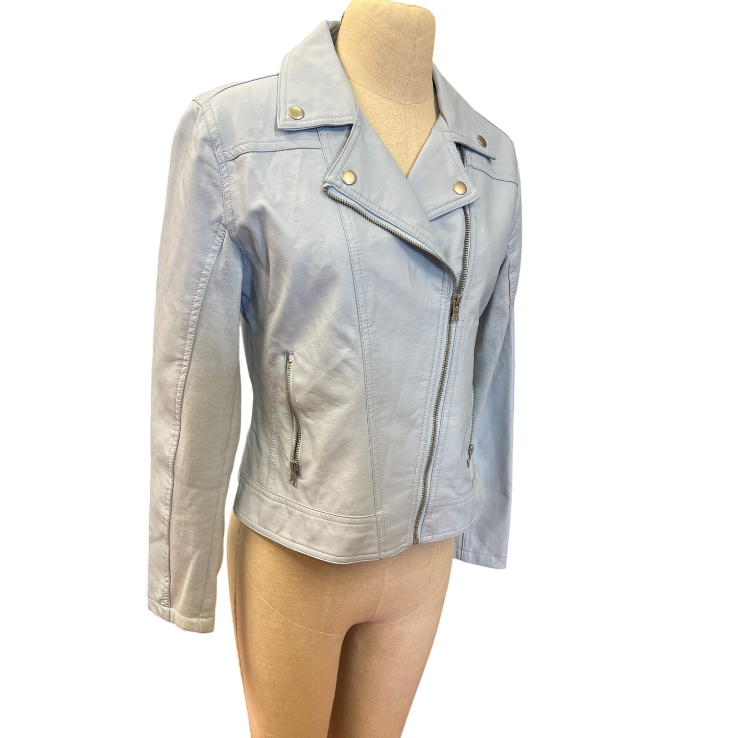 Justice Light Blue Faux Leather Moto Jacket Girls 18/20 With Silver Accents & Zipper Details