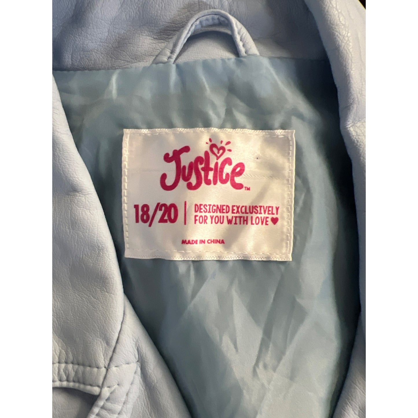 Justice Light Blue Faux Leather Moto Jacket Girls 18/20 With Silver Accents & Zipper Details