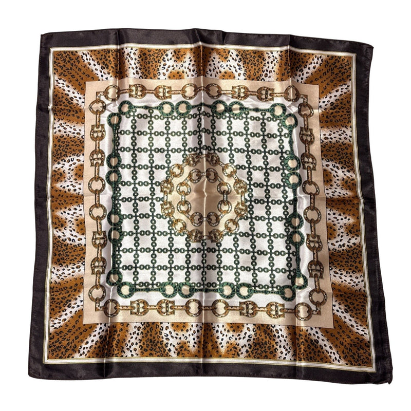 Vintage Chun Print Chain Animal Square Wrap Pocket Scarf With Metallic Shine Soft Satin Feel