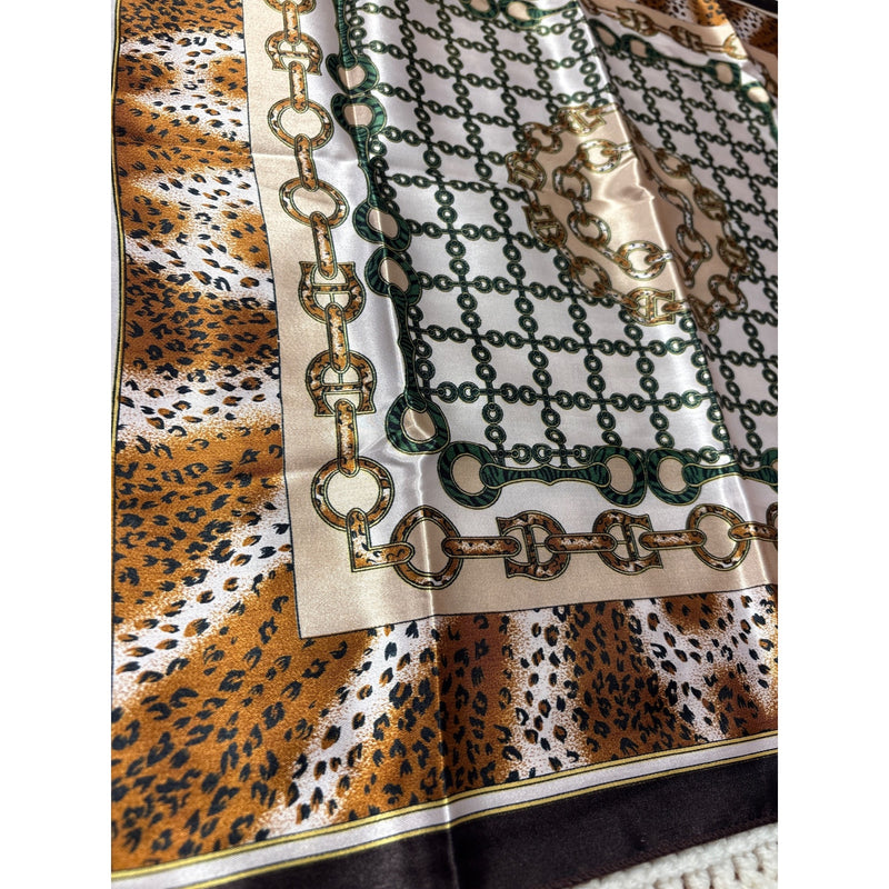 Vintage Chun Print Chain Animal Square Wrap Pocket Scarf With Metallic Shine Soft Satin Feel