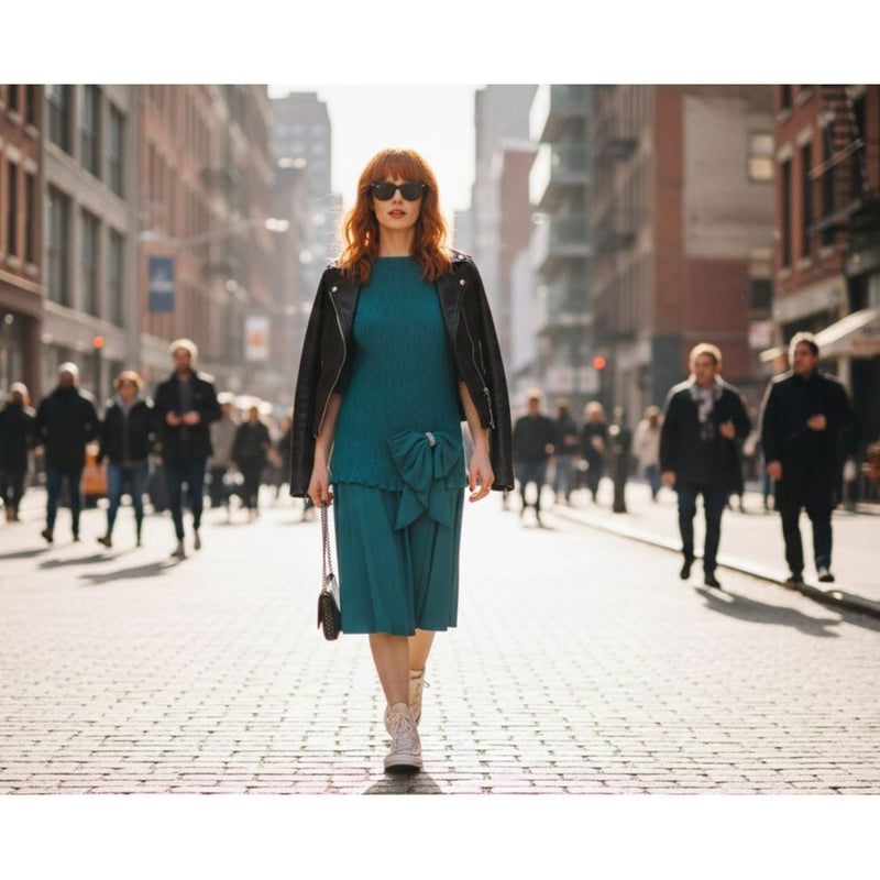 Vintage After Dark Teal Green Pleated Dress With Bow Accent Rhinestone Detail Retro, Fundraiser for Sustainable Fashion Education Programs