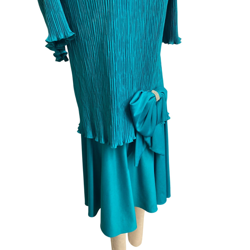 Vintage After Dark Teal Green Pleated Dress With Bow Accent Rhinestone Detail Retro, Fundraiser for Sustainable Fashion Education Programs
