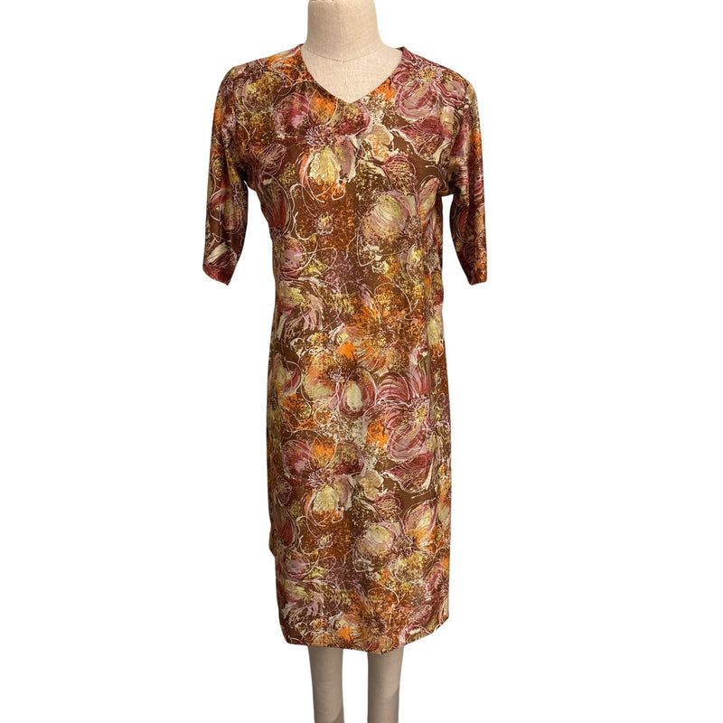 Vintage Handmade Floral Print Brown Dress With V-Neck and 3/4 Sleeves Fundraiser for Sustainable Fashion Education Program
