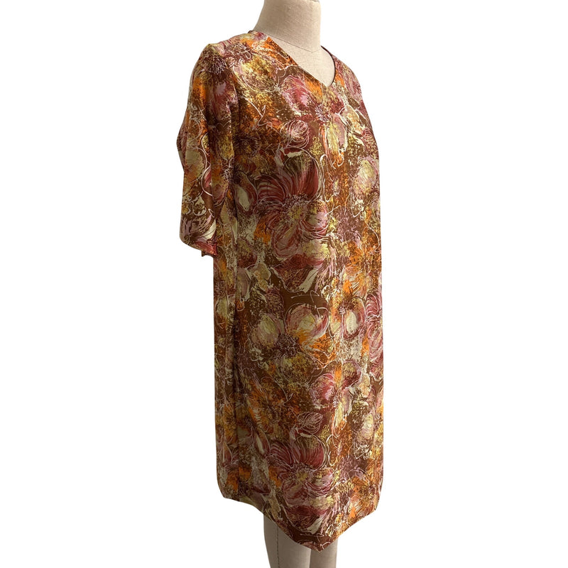 Vintage Handmade Floral Print Brown Dress With V-Neck and 3/4 Sleeves Fundraiser for Sustainable Fashion Education Program