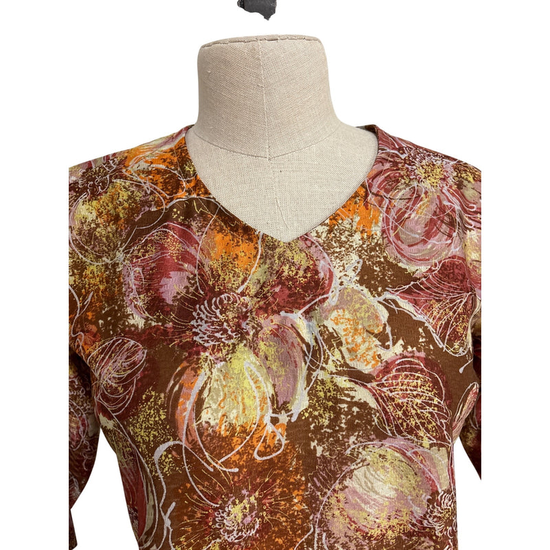 Vintage Handmade Floral Print Brown Dress With V-Neck and 3/4 Sleeves Fundraiser for Sustainable Fashion Education Program
