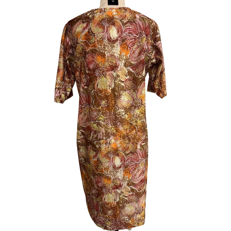 Vintage Handmade Floral Print Brown Dress With V-Neck and 3/4 Sleeves Fundraiser for Sustainable Fashion Education Program