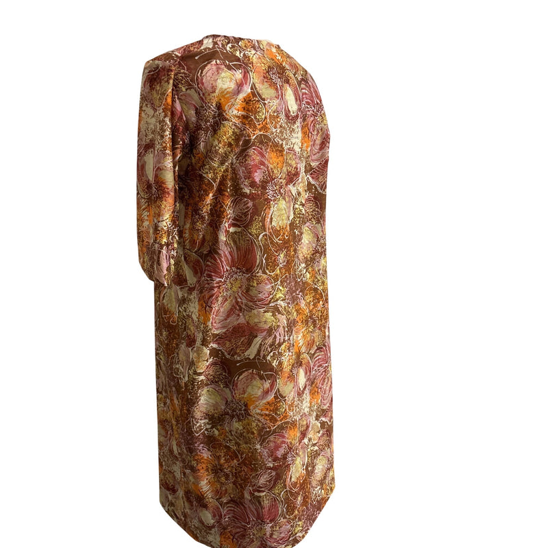 Vintage Handmade Floral Print Brown Dress With V-Neck and 3/4 Sleeves Fundraiser for Sustainable Fashion Education Program