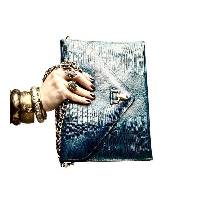 Blue Envelope Clutch Embossed Leather Bag Vintage Accessories