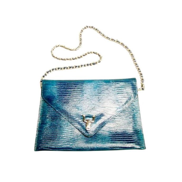 Blue Envelope Clutch Embossed Leather Bag Vintage Accessories