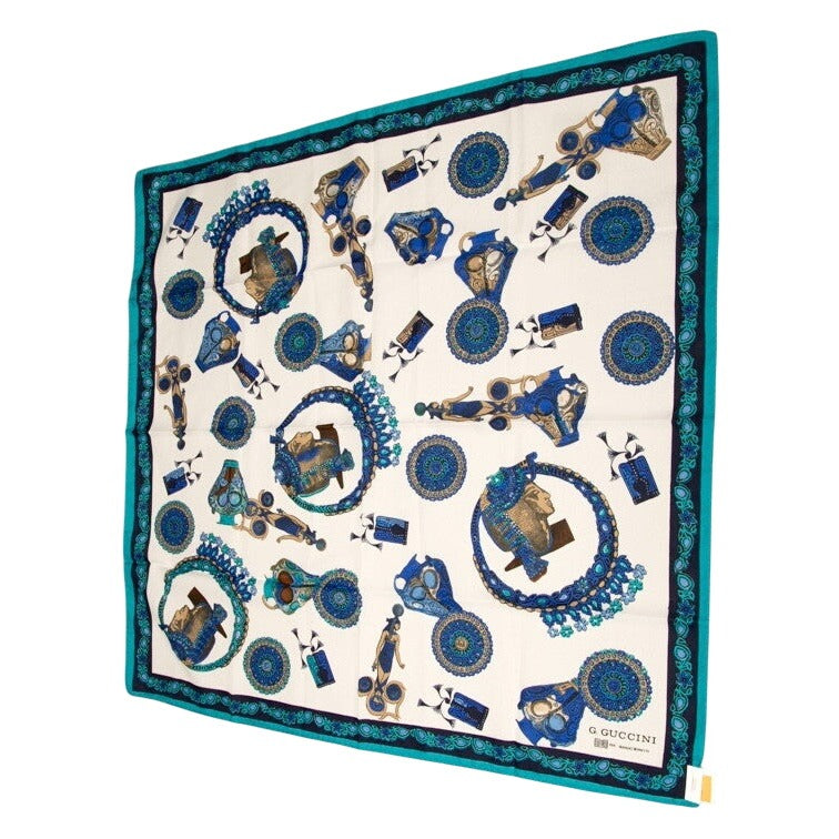 Vintage G. Guccini per Manlio Bonetti Italian Silk Scarf | Ancient Egyptian Revival | Cleopatra & Nefertiti Motif | Teal & Royal Blue Luxury