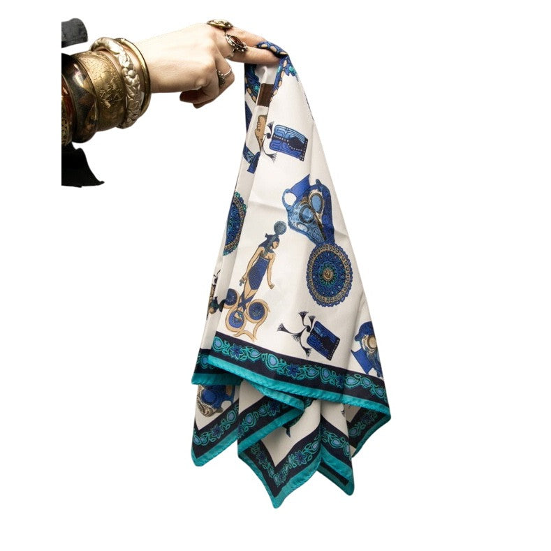Vintage G. Guccini per Manlio Bonetti Italian Silk Scarf | Ancient Egyptian Revival | Cleopatra & Nefertiti Motif | Teal & Royal Blue Luxury