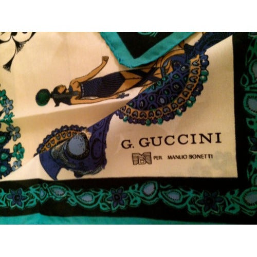 Vintage G. Guccini per Manlio Bonetti Italian Silk Scarf | Ancient Egyptian Revival | Cleopatra & Nefertiti Motif | Teal & Royal Blue Luxury