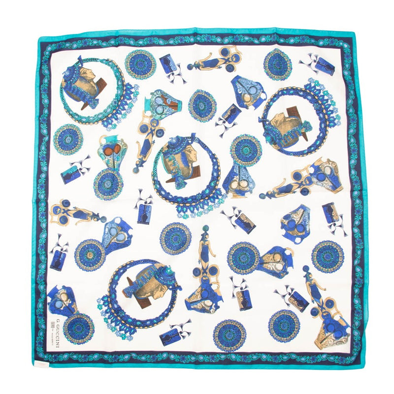 Vintage G. Guccini per Manlio Bonetti Italian Silk Scarf | Ancient Egyptian Revival | Cleopatra & Nefertiti Motif | Teal & Royal Blue Luxury