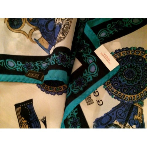 Vintage G. Guccini per Manlio Bonetti Italian Silk Scarf | Ancient Egyptian Revival | Cleopatra & Nefertiti Motif | Teal & Royal Blue Luxury