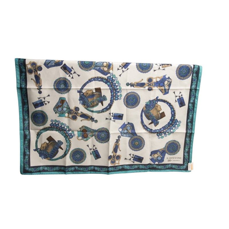 Vintage G. Guccini per Manlio Bonetti Italian Silk Scarf | Ancient Egyptian Revival | Cleopatra & Nefertiti Motif | Teal & Royal Blue Luxury