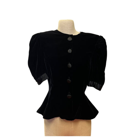 Vintage Dépeche Mode Womens Black Velvet Puff Sleeve Buttoned Blouse Jacket Coat Made In Korea