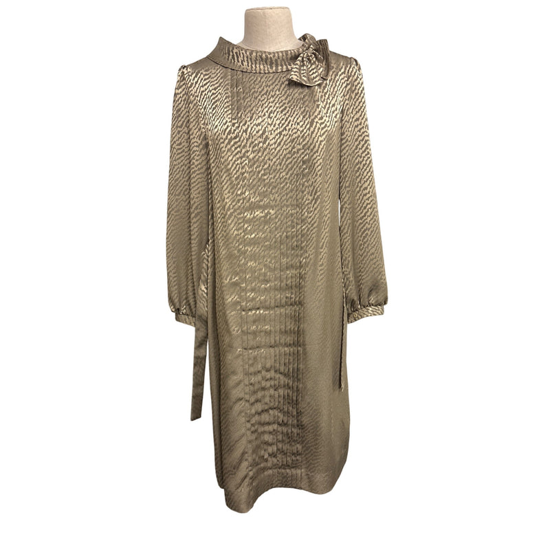 Vintage 1970s Beige Zebra Print Satin Sheath Dress Bow Detail Belted Waist Fundraiser for Sustainable Fashion Education Programs