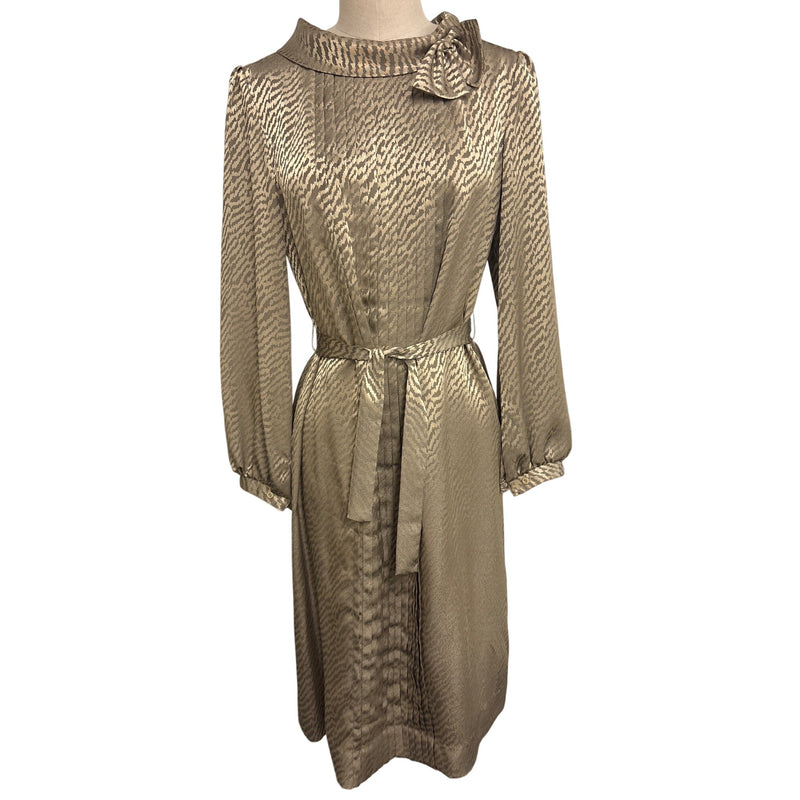 Vintage 1970s Beige Zebra Print Satin Sheath Dress Bow Detail Belted Waist Fundraiser for Sustainable Fashion Education Programs