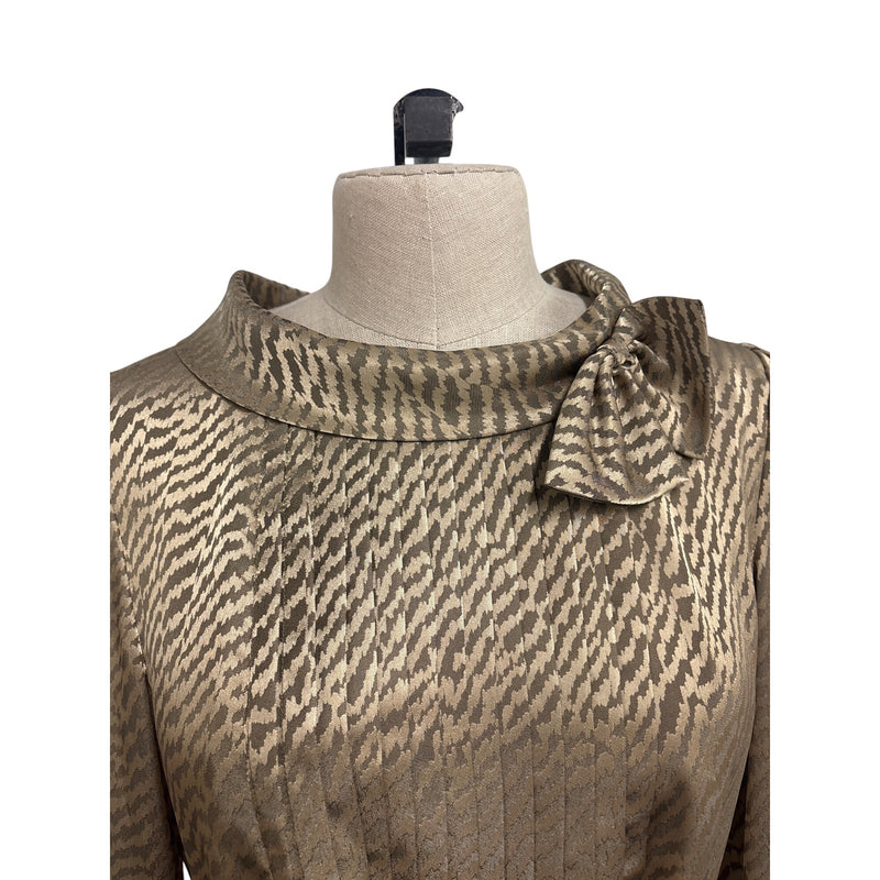 Vintage 1970s Beige Zebra Print Satin Sheath Dress Bow Detail Belted Waist Fundraiser for Sustainable Fashion Education Programs