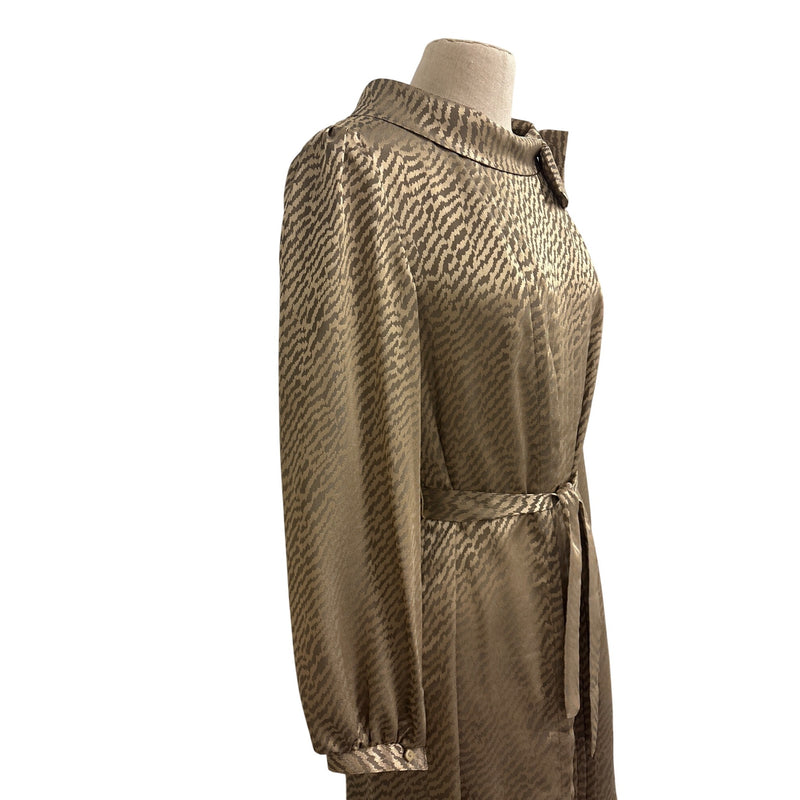 Vintage 1970s Beige Zebra Print Satin Sheath Dress Bow Detail Belted Waist Fundraiser for Sustainable Fashion Education Programs