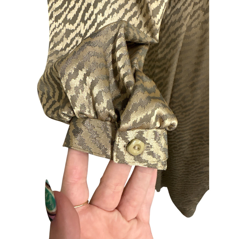 Vintage 1970s Beige Zebra Print Satin Sheath Dress Bow Detail Belted Waist Fundraiser for Sustainable Fashion Education Programs