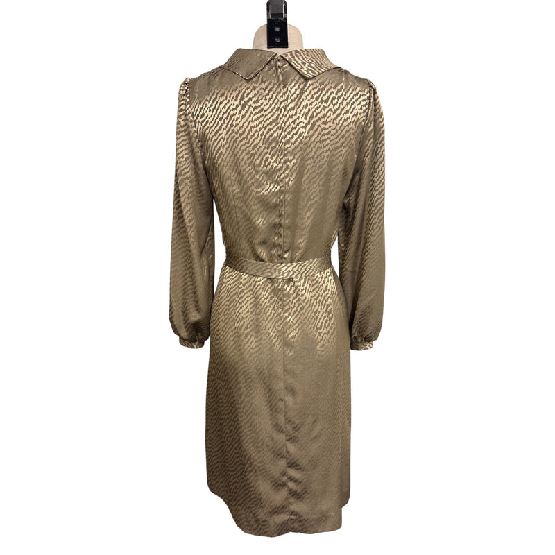 Vintage 1970s Beige Zebra Print Satin Sheath Dress Bow Detail Belted Waist Fundraiser for Sustainable Fashion Education Programs