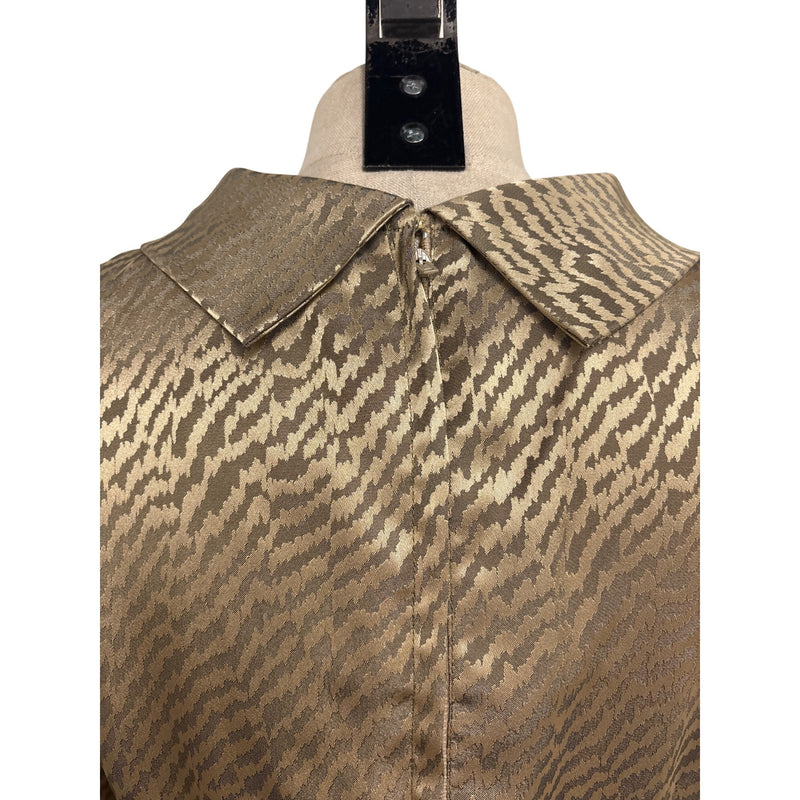 Vintage 1970s Beige Zebra Print Satin Sheath Dress Bow Detail Belted Waist Fundraiser for Sustainable Fashion Education Programs